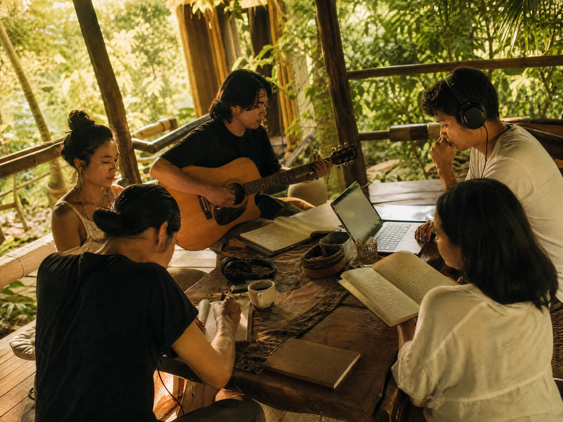 Writers collaborating at the camp